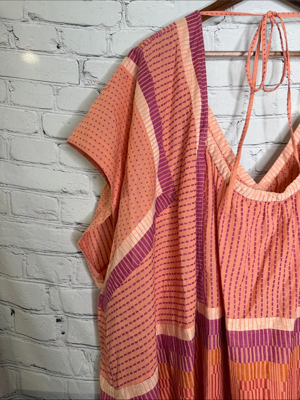 Free People Peach & Pink Striped V-Neck Over Sized Caftan Tunic Dress Size Large - Picture 8 of 12